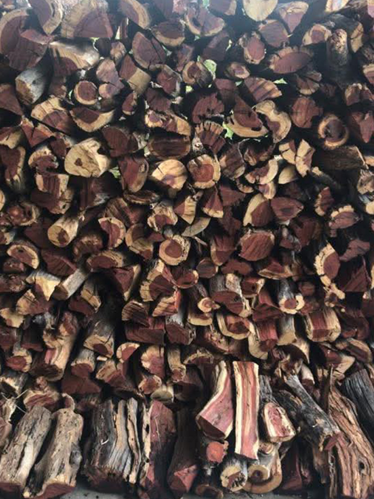A neatly stacked pile of premium Namibian firewood showcasing reddish-brown and lighter wood grains, available in Pretoria.